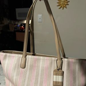 Coach legacy weekend ticking stripe khaki pink tote bag w/ matching wallet.